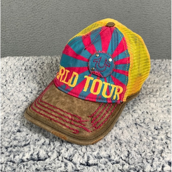 Vintage True Religion Trucker Cap OSFM World Tour Embroidered Mesh Leather Y2k